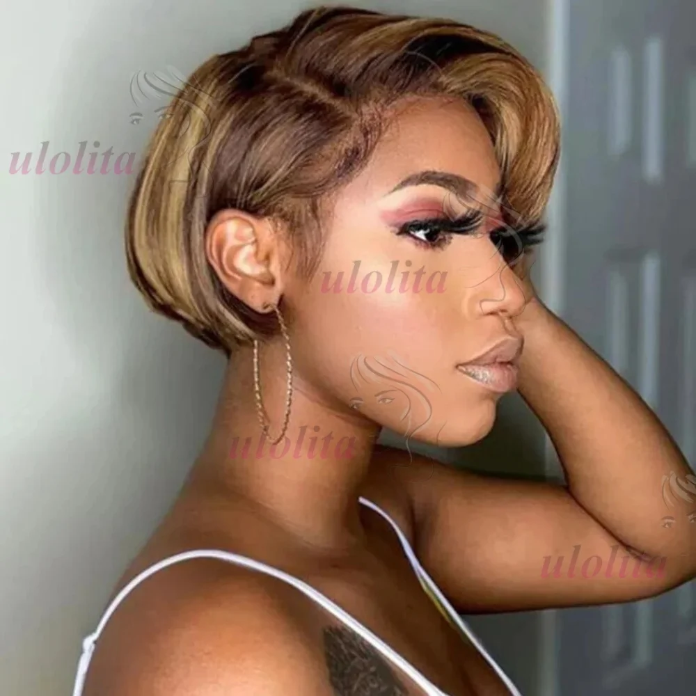 Highlight Gerade Pixie-Cut-Perücke, Kurze Bob-Perücke, Pixie-Cut-Perücke, Gerade Echthaar-Perücke, 13X4 Transparente Lace-Frontal-Perücke für Frauen – Detail 6