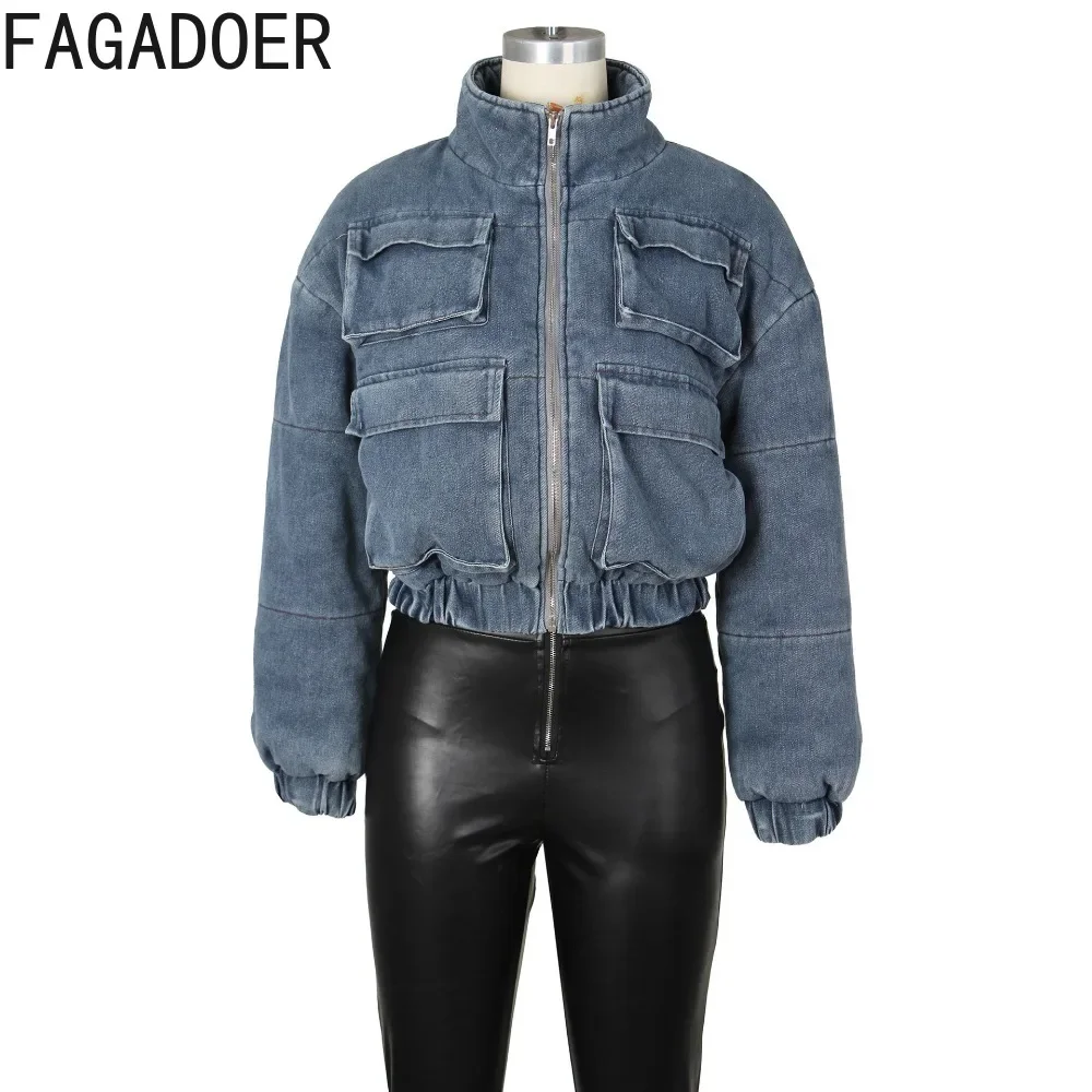 FAGADOER Fashion Street Style Women Stand Collar Zipper Denim Cotton Jacket Autumn Winter Female Pocket Slim Thick Coats Tops