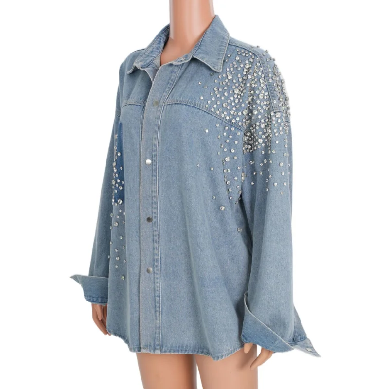 Denim Coat Super Heavy Zircon Bead Decoration Irregular Wash Loose Shirt