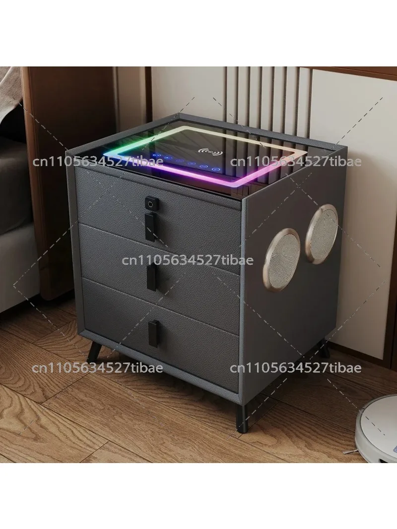 Modern Wooden Smart Nightstand with USB Wireless Charger Touch Sensing LED Light Speaker Fingerprint Lock-for Bedroom Home