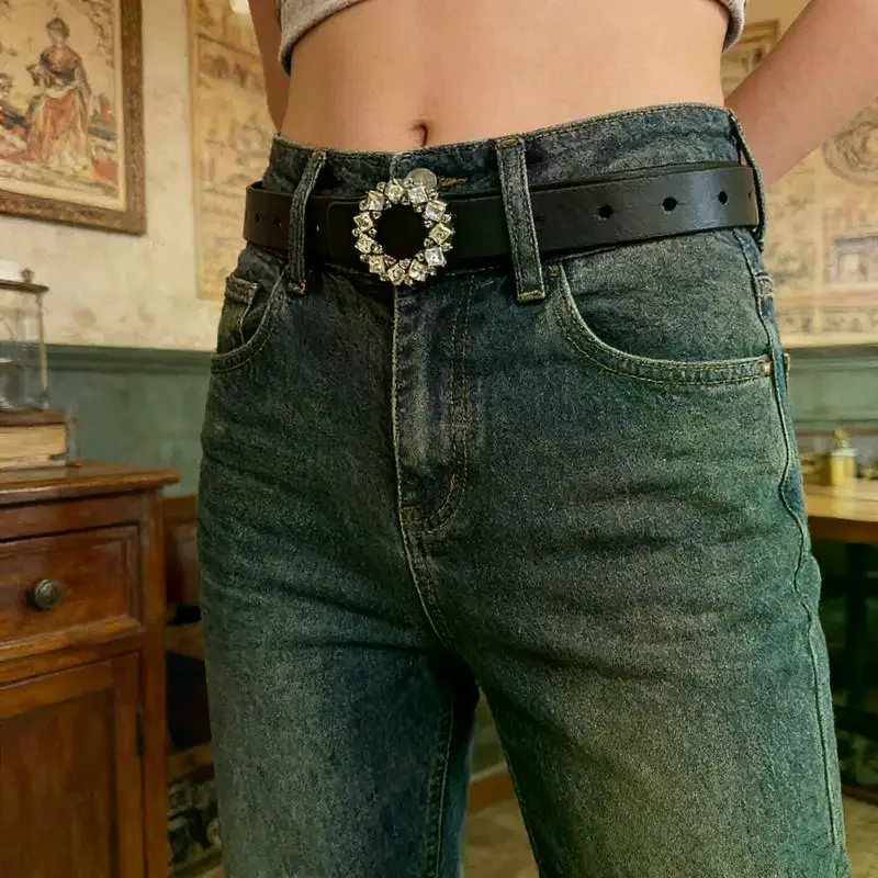Women's Fashion Versatile Trend Decorative Suit PUThin Belt Rhinestone Leather Style Jeans Belt Simple Decorative Belt
