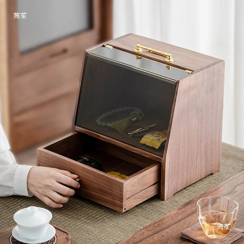 北米産ブラックウォールナット製ティーセット棚、ジュエリー・化粧品収納ボックス、透明防塵無垢材デスクトップ整理ボックス