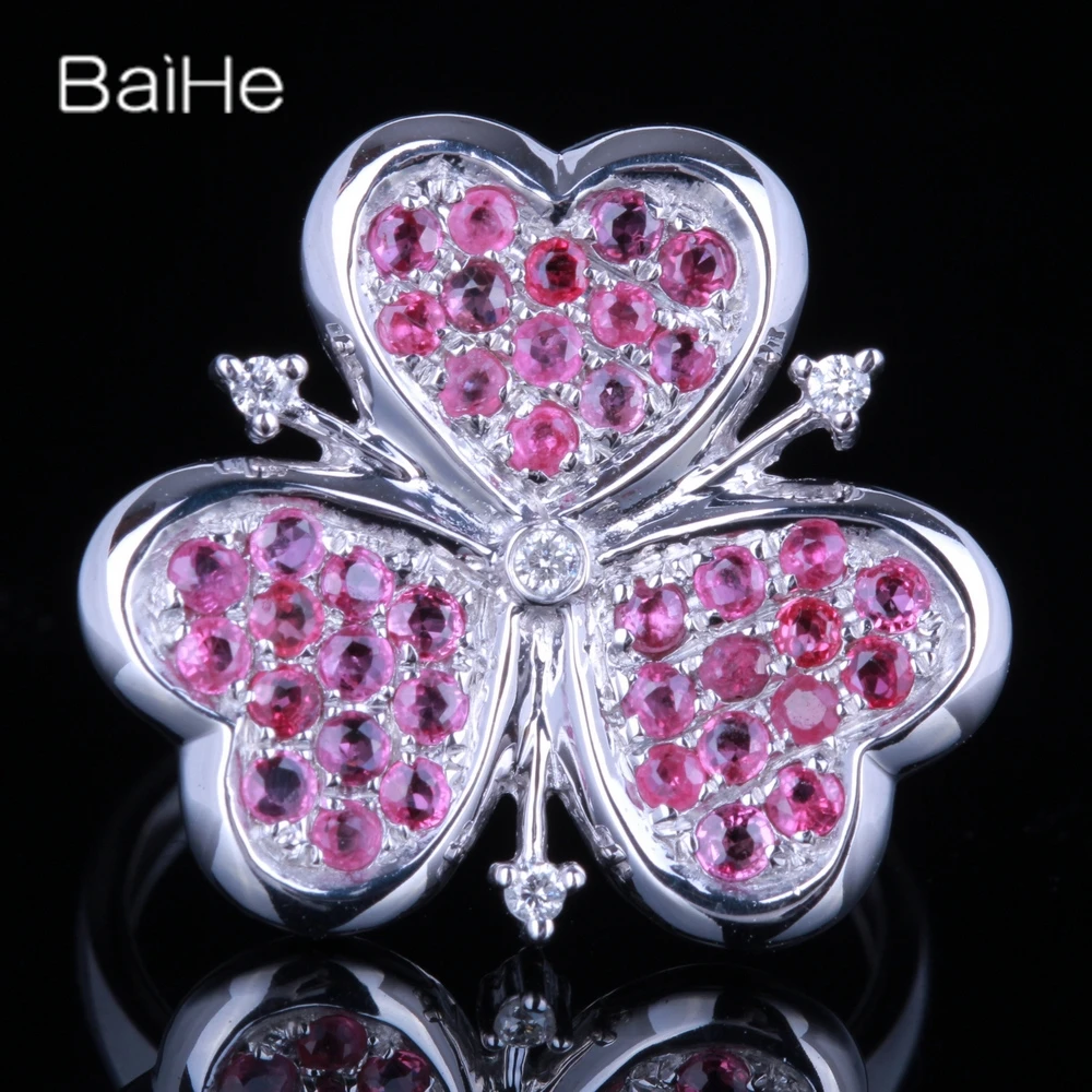 BAIHE Real Genuine Sterling Silver 925 1.1CT Diamond Ruby Clover Ring Women Trendy Party Fine Jewelry Making خاتم البرسيم