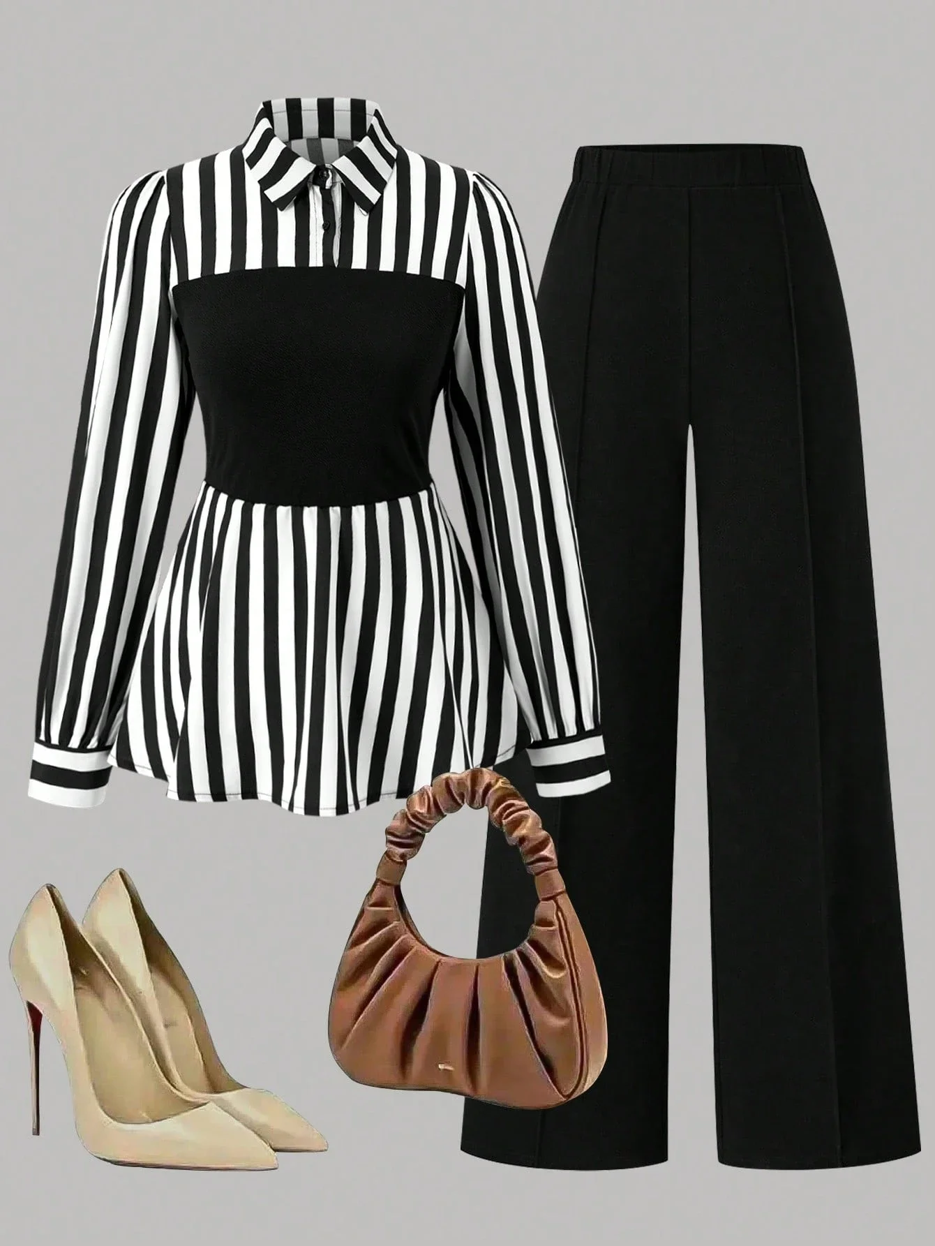 

Элегантный комплект из двух предметов: полосатая рубашка с длинными рукавами и однотонные черные брюки