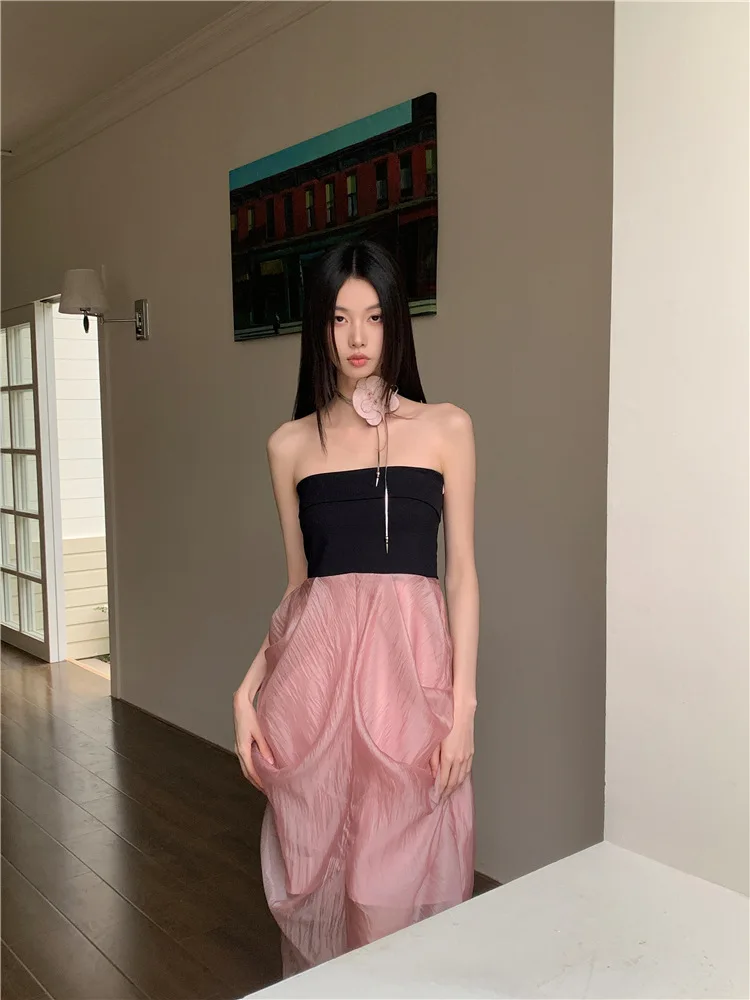 Elegant Splicing Patchwork Long Dresses Spring Women Sleeveless Chest Hugging Dress New Summer High Waist Slim Knee Length Dress