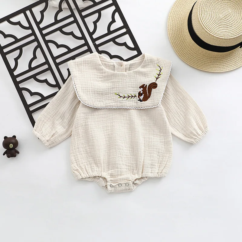 Korean Style Kids Baby Girls\' Cotton O-neck Ruffles Deer Embroidery Romper INS Newborn Infant Soft Triangle Bodysuit Trendy