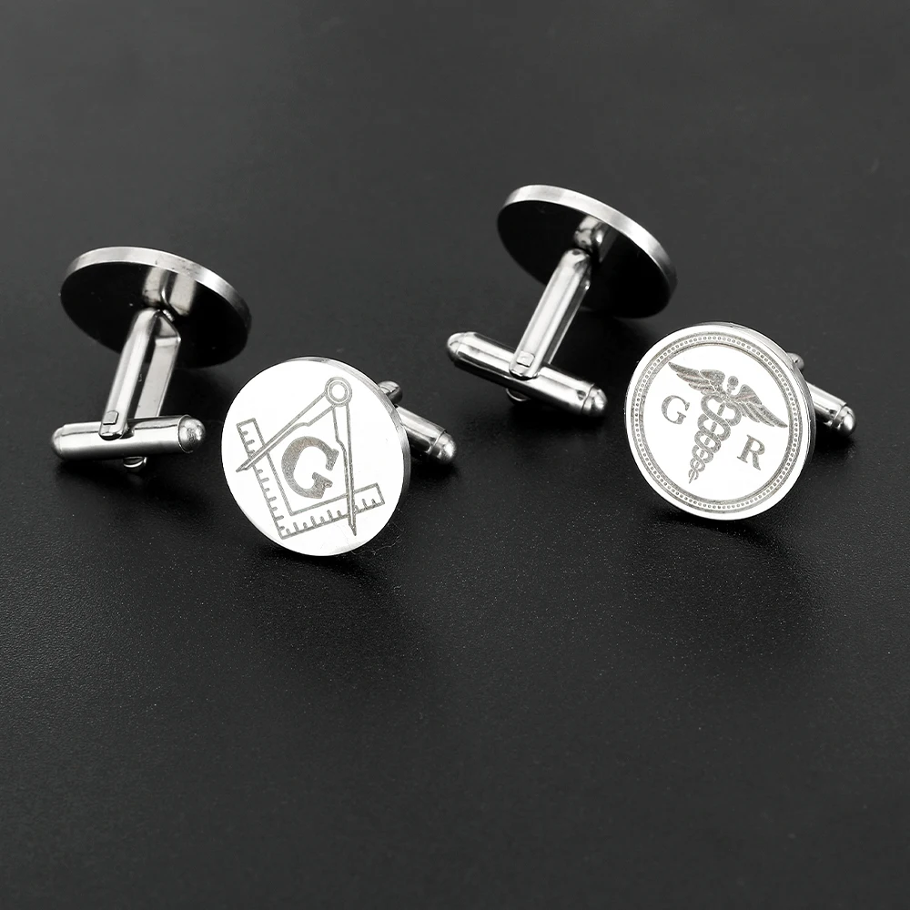 4 Styles Classic Mens Masonic Symbols Stainless Steel Round Cufflinks Caduceus Asclepius Legal Balance Design Cuff Button