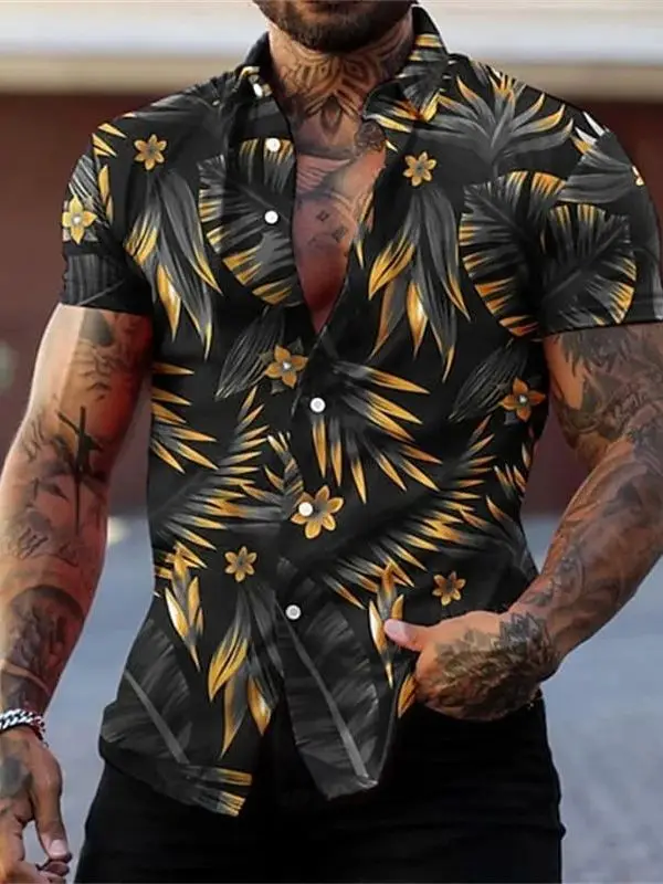 Loose Men's Printed Cardigan T-Shirt Fashion Urban Style Short Sleeve Casual Wear Polyester Fabric Plant Floral Pattern