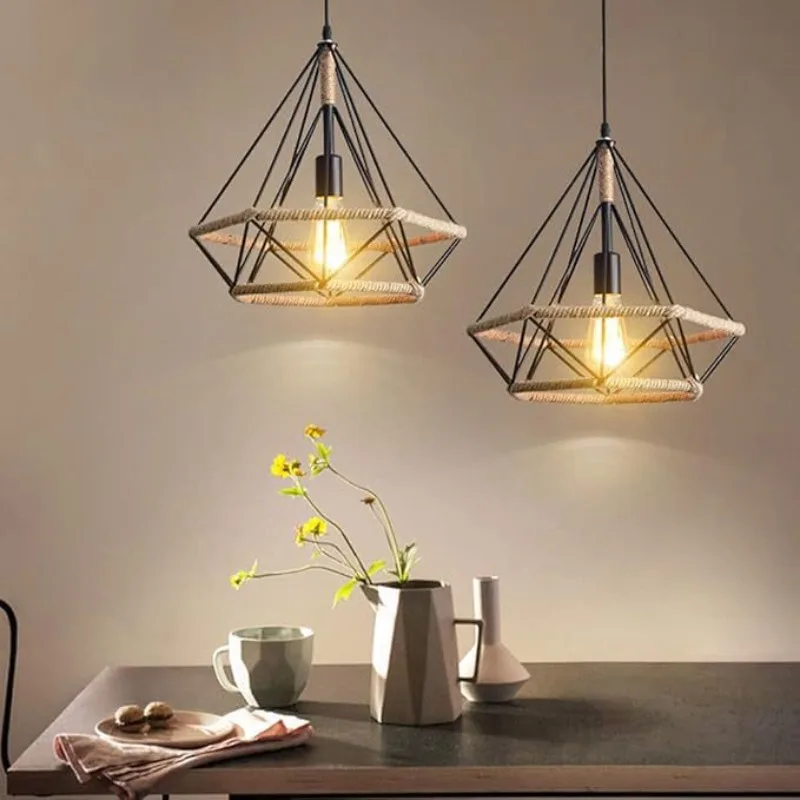 Lámparas Colgantes Industriales Americanas Vintage de Hierro, Lámparas de Cuerda de Cáñamo Tejidas a Mano, Accesorios de Iluminación para Sala de Estar, Restaurante, Cafetería, Decoración, Lámpara de Araña