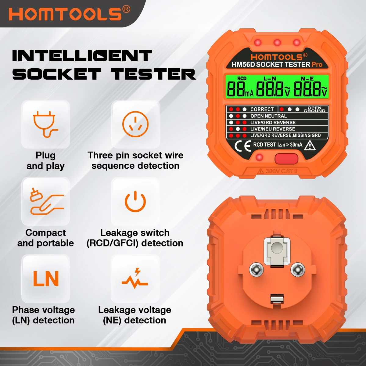 

HOMTOOLS HM56 Socket Tester Voltage Digital Socket Detector Ground Zero Line Plug EU/UK/US Circuit Breaker Finder Electroscope