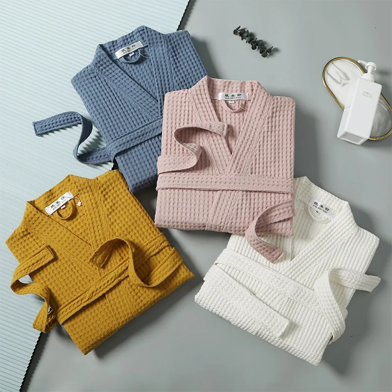 Pure Cotton Waffle Bathrobe  Long Sleeve Waffle Bathrobe Hotel Beauty Bath Towel for Couples