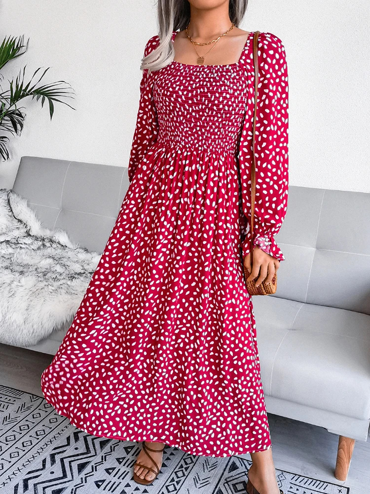 

2023 Autumn Dresses For Women 2023 New Square Neck Fashion Floral Long-sleeve Pleated Long Dress Women Maxi Elegante Vestidos