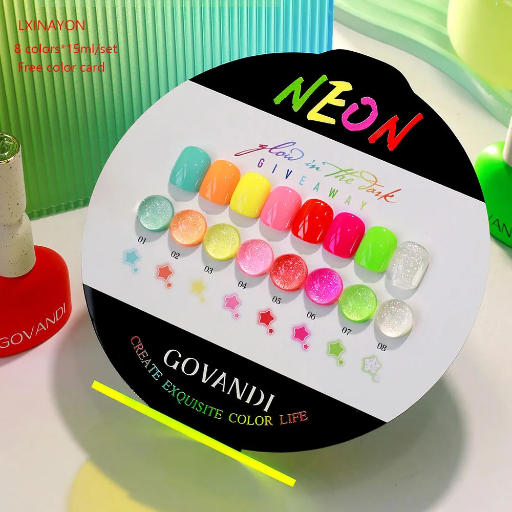 8pcs Luminous Gel Nail Polish Set Glow In Dark Fluorescent UV LED Gel With Color Sample Semi-permanent Soak Off Gel Varnish 15ml