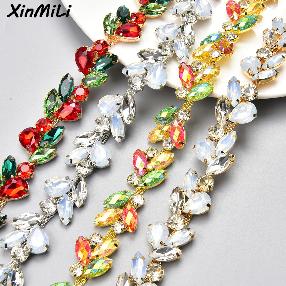 2cm Width Gold Silver Base Leaf Glass Rhinestone Trim Sew on Strass Crystal Flower Chain Dress Belt Shoes Applique Accessories