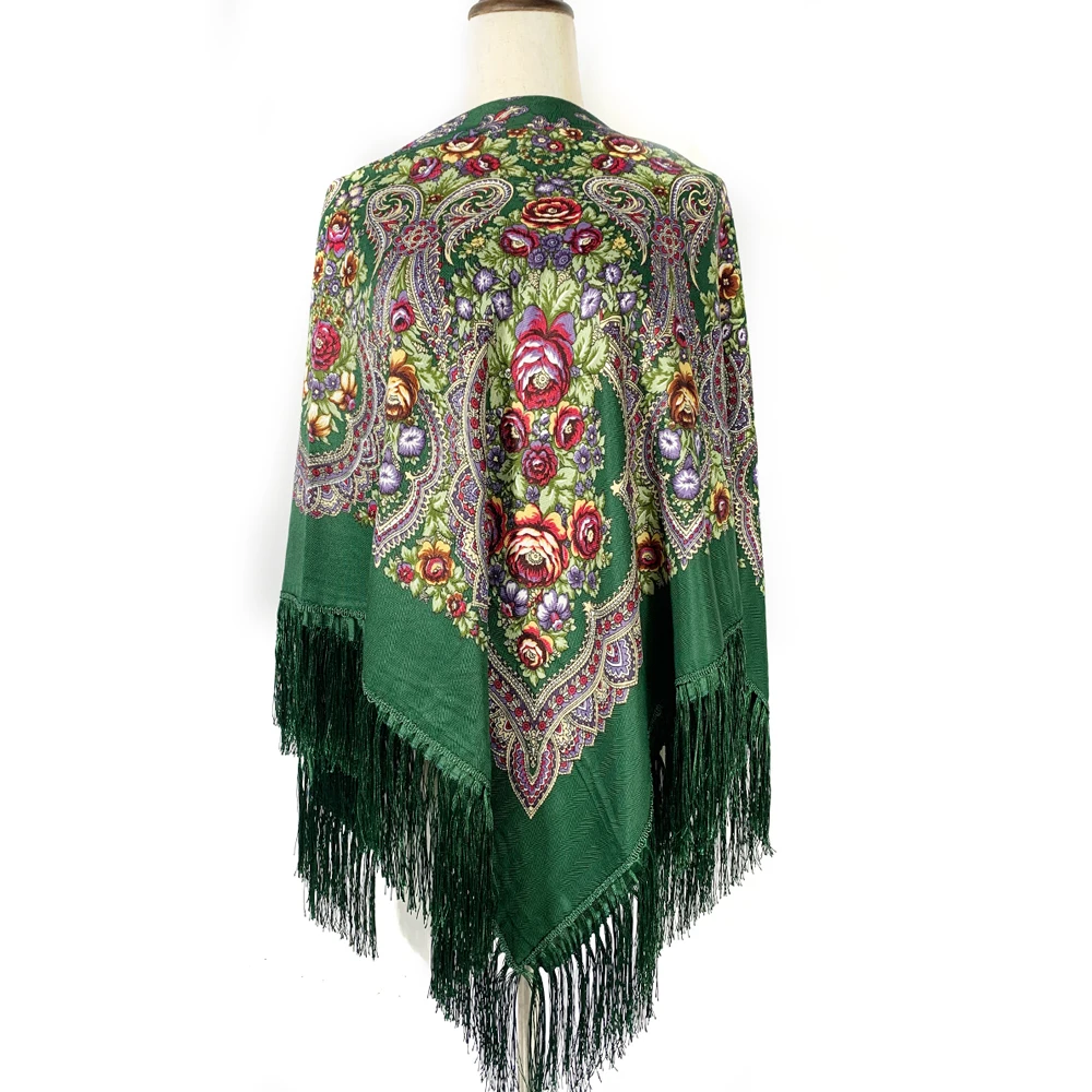 135*135cm Russian Floral Printed Square Scarf Women Ethnic Fringed Bandana Shawl Babushka Handkerchief Blanket Head Wraps