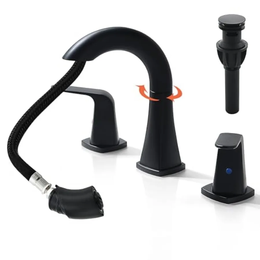 

Pull Down Bathroom Faucet - Matte Sink Faucet with Sprayer, Bathroom Pull Out Faucets, 2-Handles Widespread Vanity Faucets 3 Ho