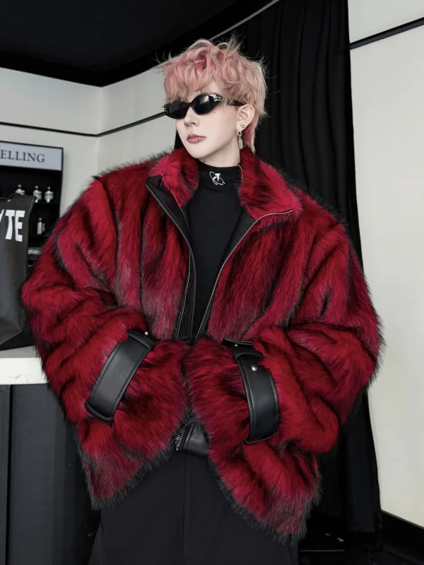 

Loupette Wolf Fur Cotton Jaet Men's Casual Sle Thiened Loose Outerwear Polyester Fiber Zipper Closure No Hat Included