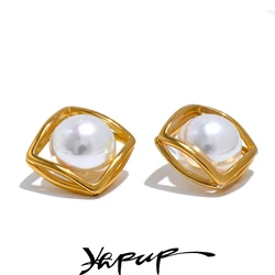 Yhpup 7g/pair Stylish Simulated Pearl Round Square Hollow Stud Earrings Korean Style Stainless Steel Daily Jewelry Gift