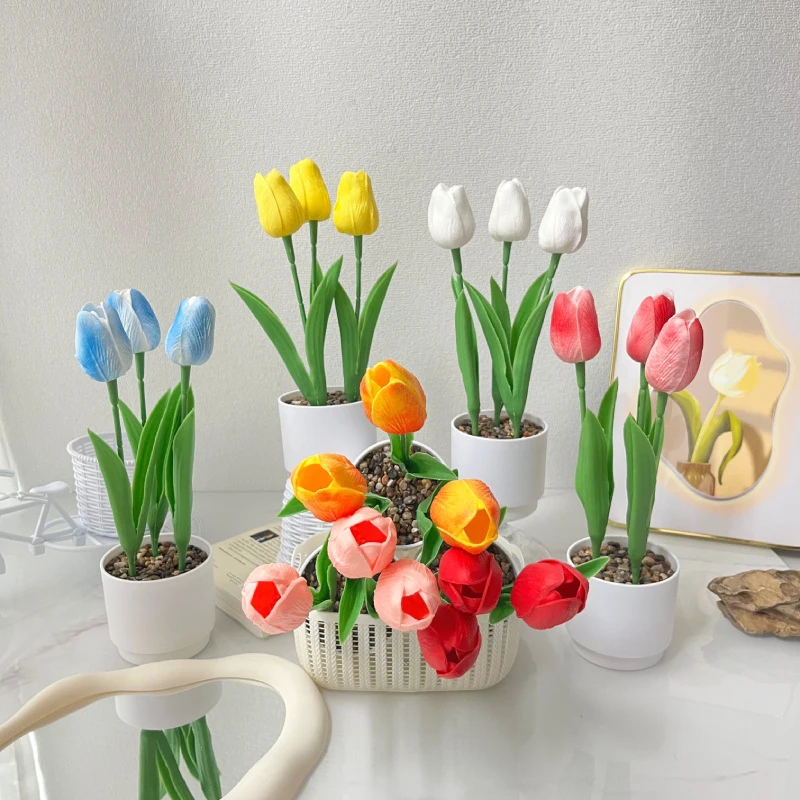 3 plantes artificielles de tulipes de style nordique, fleurs de mariage, décoration de pot de fleurs en PU, décoration de bureau à domicile