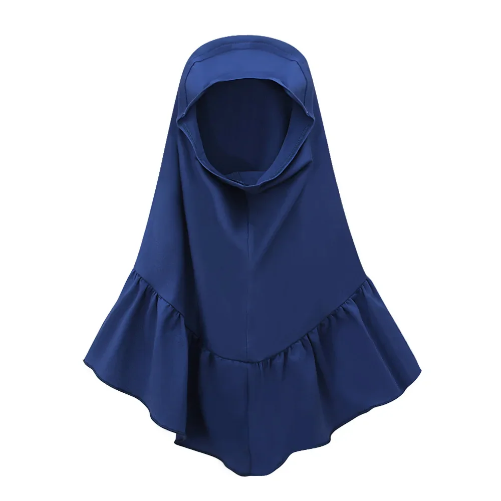 Gamis anak perempuan Muslim, ukuran 70-140, Muslim, lebaran, Arab, gaun lengan panjang biru + renda jilbab penuh