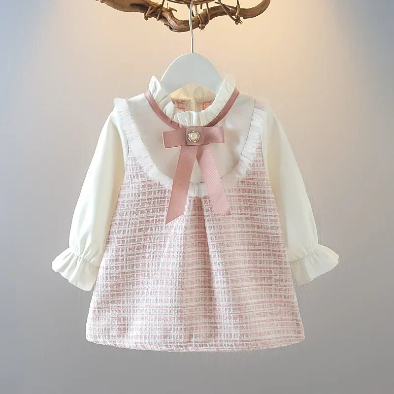 Baby Girl Autumn New Dress Bow Doll Collar Long Sleeved Princess Skirt Plaid Girls\' Clothing