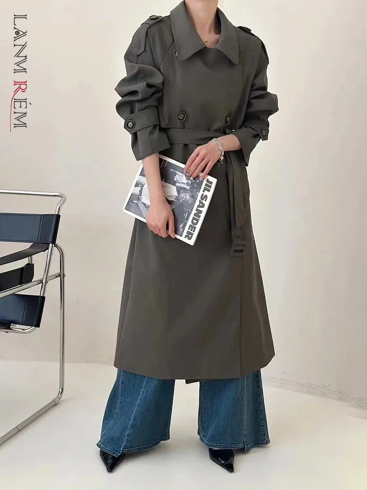 [LANMREM] Elegant Gathered Waist Trench For Women Lapel Double Breasted Long Windbreaker Fashion 2024 Autumn New CPG1787