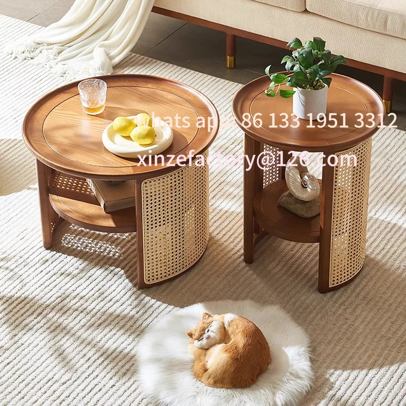 Customizable Nordic round coffee table combination Modern minimalist wabi-**** retro solid wood rattan round edge few Japanese-s