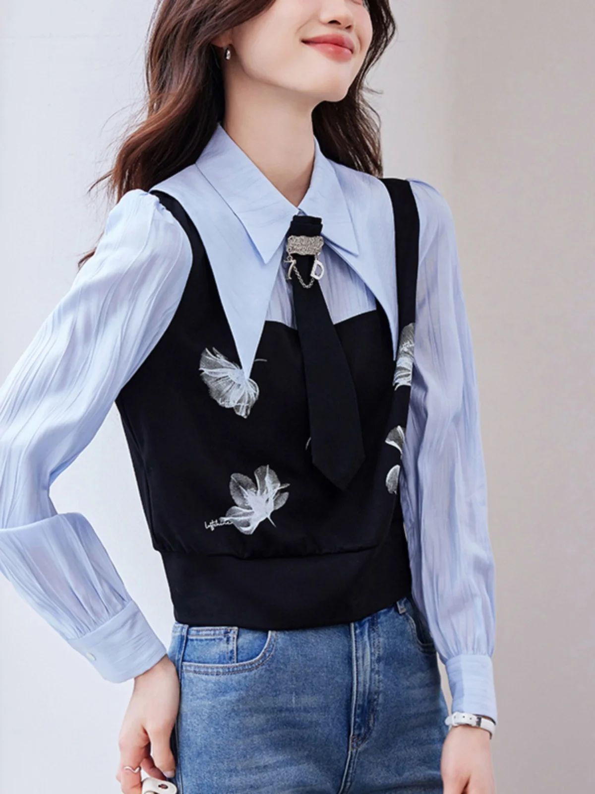 

Новая женская рубашка в стиле пэчворк с длинным рукавом и воротником, весна 2026, в корейском свободном стиле, для повседневной носки, в университетском стиле