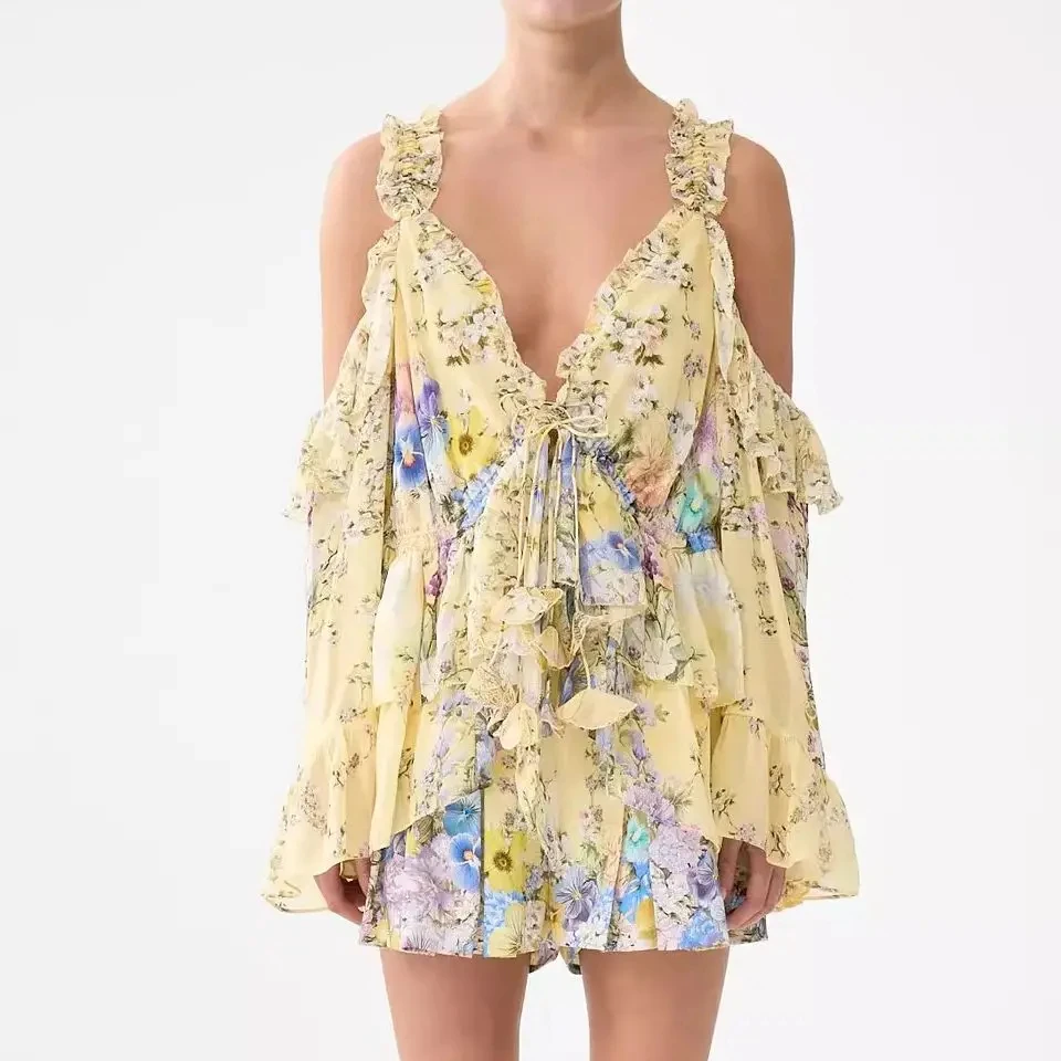 여성 플로럴 프린트 세트 크리스탈 비즈 장식 V넥 오프숄더 플레어 슬리브 실크 셔츠 탑 + 하이웨이스트 린넨 반바지