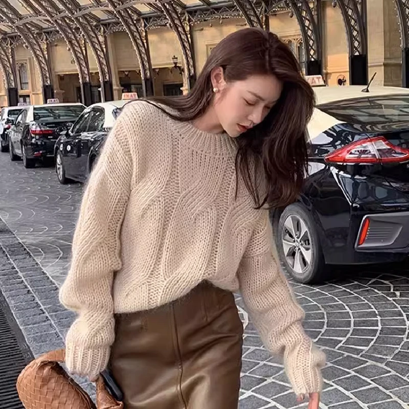 

Женский осенне-зимний вязаный свитер с защитой от скатывания, длинный свек, круглый Ne, стандартный крой, дизайн «Большой волк», удобная мягкая ткань