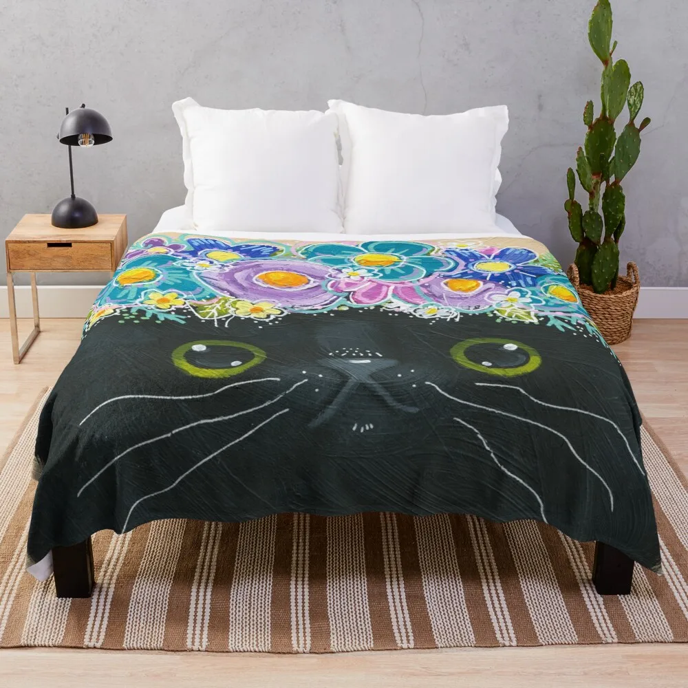 

Black Cat With Flower Crown Throw Blanket blankets and throws funny gift Blankets