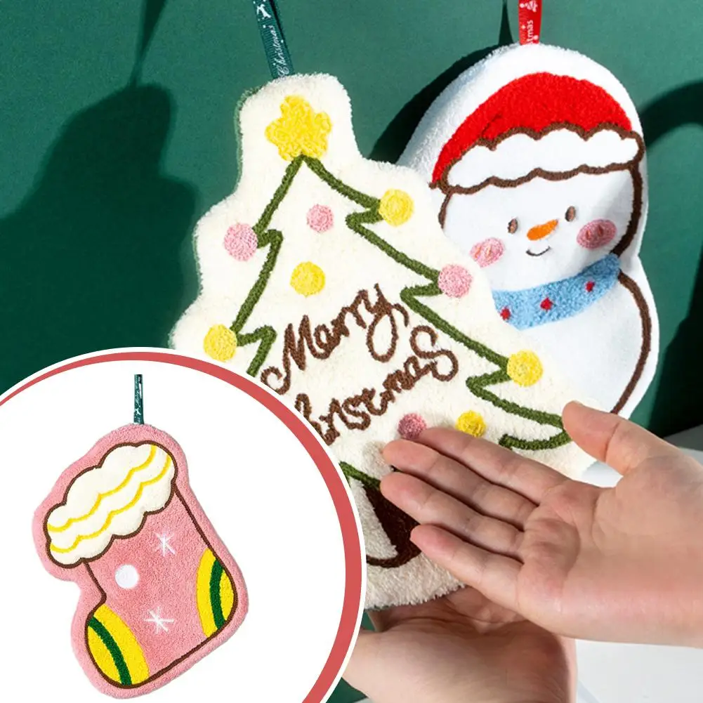 

Christmas Hand Towel Cartoon Design Coral Fleece Material Snowman Gingerbread Man Kitchen Bathroom Decoration