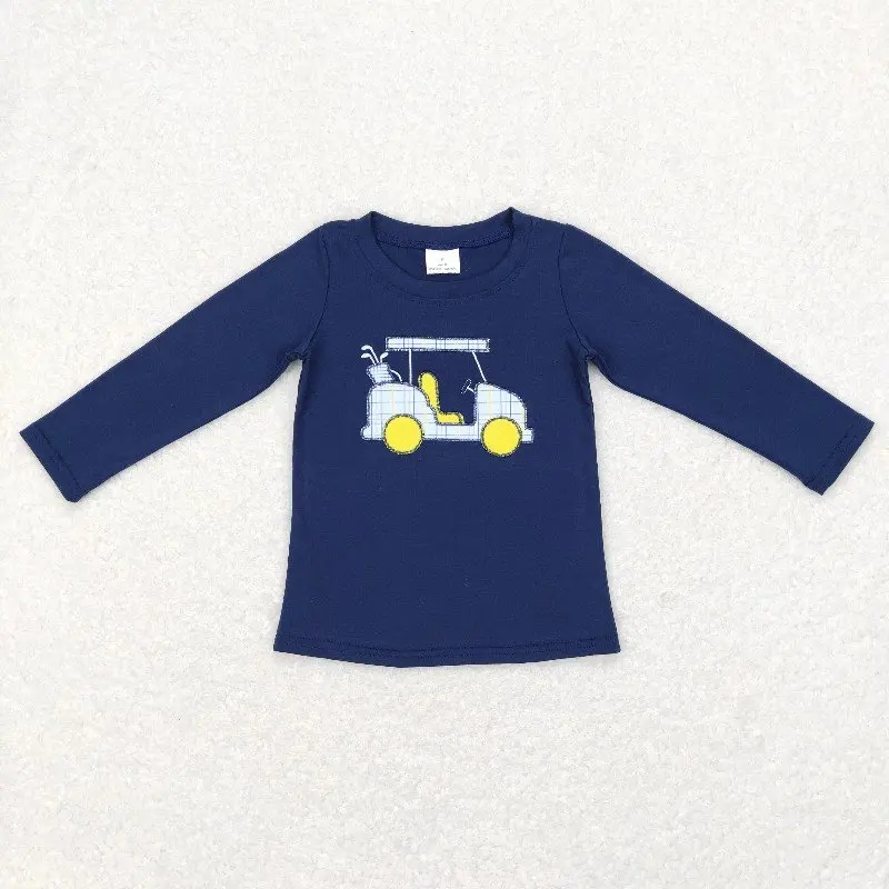 

New rts Baby Boys Valentine's Day Tops Wholesale Boutique Embroidered Golf Sightseeing Car Navy Blue Long Sleeve shirts