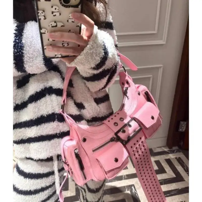 Bloom High Street Sier Y2k Shoulder Women Rivet Pocket Chic Casual Underarm Bag Hot Girls Moto Biker Crossbody Bags New