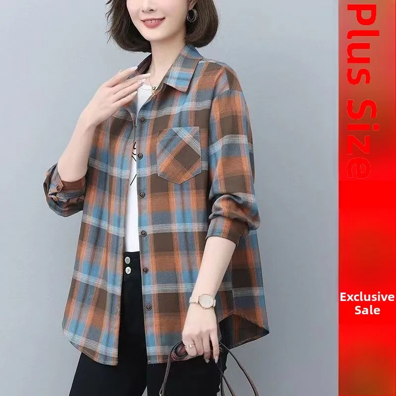 

Women's Long Sve Pure Cotton Plaid Casual irt Spring Autumn Loose plus Size 20 Pou Middle Age Mom Casual Blouse