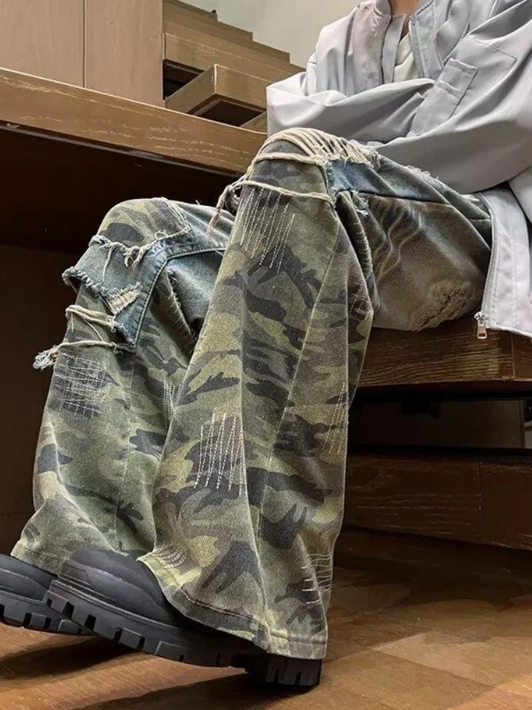 

Camouflage Men's Jeans High Street American Sle Autumn Winter Straight Leg Micro Flared Cleanfit Trousers Wear Resistant