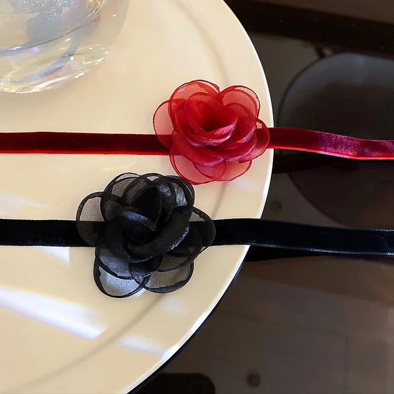 Black Rose Flower Organza Necklace for Women Party Sexy Lace Collar Neckband Chokers Wedding Clavicle Chain Jewelry Gift