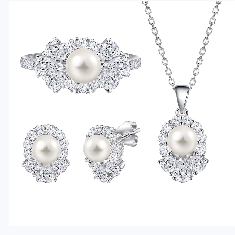 Pearl ring, zircon, sterling silver earrings, shell pearl necklace, earrings, jewelry set, S925 silver jewelry, three-piece set