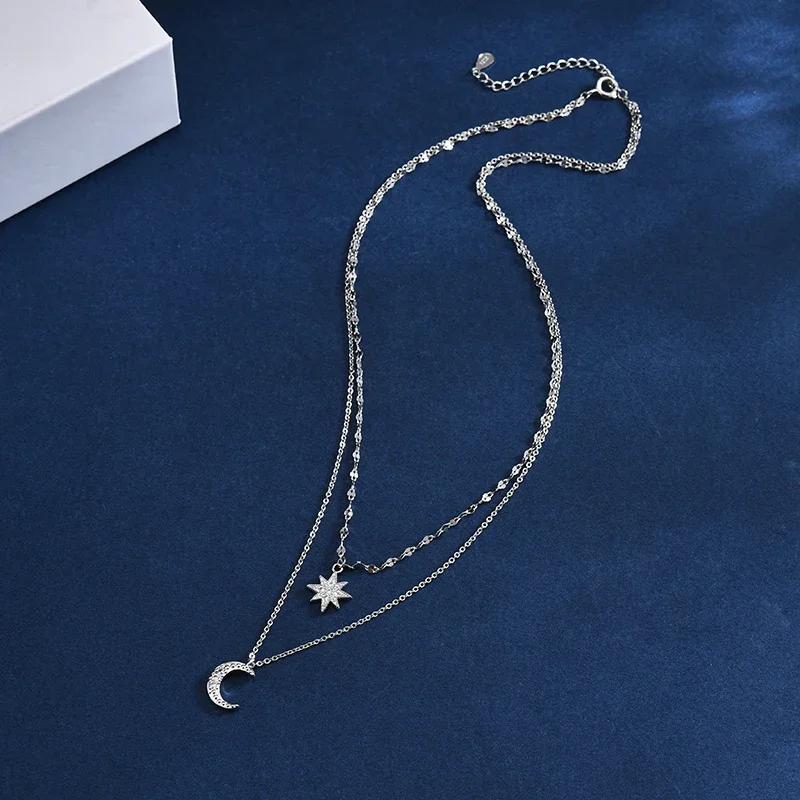 Hot  Sterling Silver Double Layer Simple Stars Choker Shiny Zircon Moon Pendants Necklaces