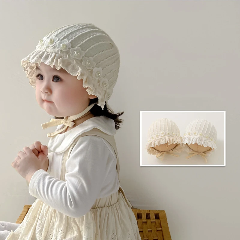 

Lace Pearl Princess Hat Girl Baby Ear Protection Hats Sweet Children Headwear Bonnet 2-24Month Infant Ear Protection Fetal Cap