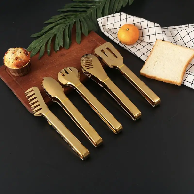 Stainless Steel Gold Food Tongs Heat Resistant Non Slip Multiple Styles For Kitchen Baking Serving Barbecue Grilling Dinner