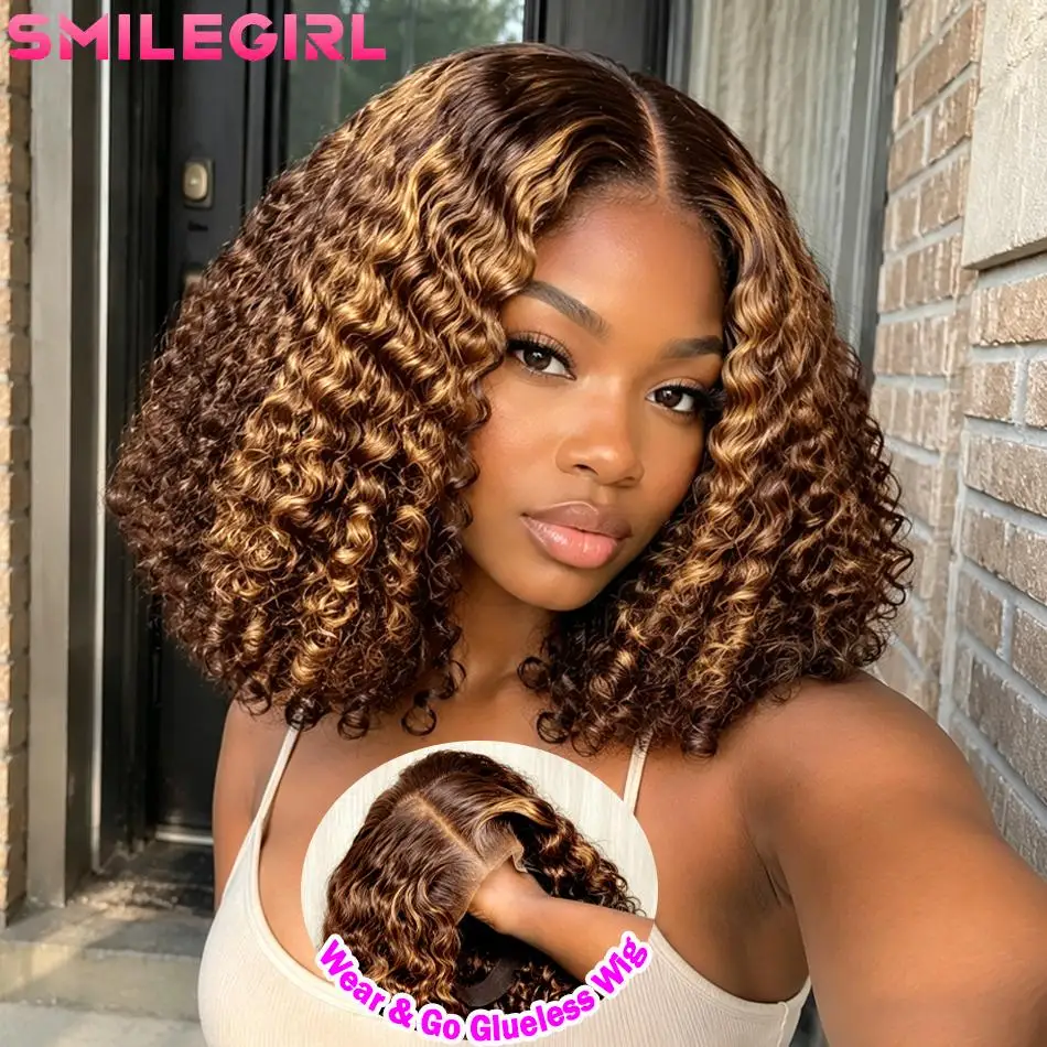 Perruque Bob Courte Bouclée Ombrée 4/27 Effet Mèches, Densité 210%, Cheveux Humains Ondulés Profonds, Perruque Sans Colle avec Fermeture en Dentelle HD 5x5, 16 Pouces, Pour Femmes Noires