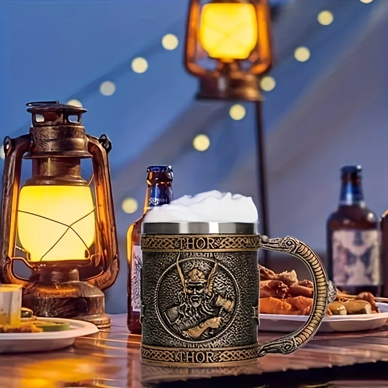 VIKING FORCE LABORATORIES Beer Steins，Culin Stainless Steel and Resin Stan and Sol Design，Hand Painted Medieval Cup（Two）