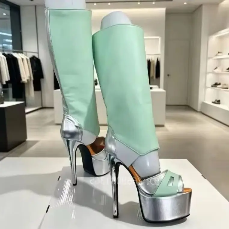 Women Mint Green Silver Peep Toe Knee High Boots 2026 New Fashion Platform Stiletto Heel Open Toe Party Clubwear Stage Shoes image 2