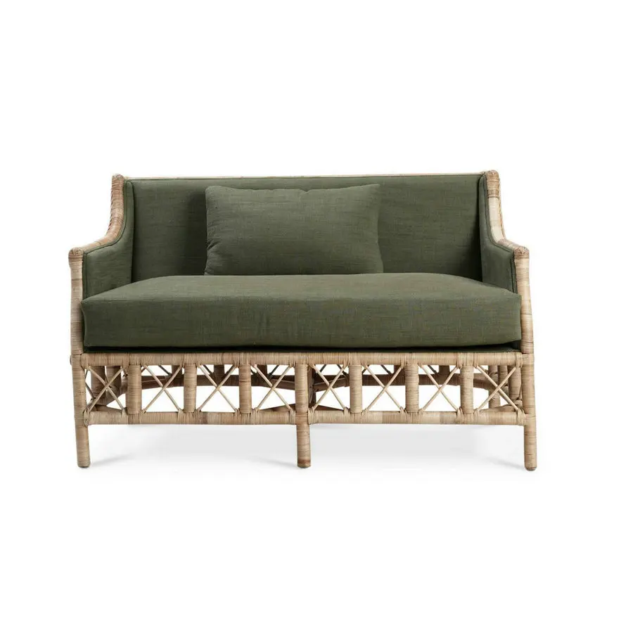 #Handmade Traditional Synthetic Rattan Loveseat Boho Living Room Wicker Wood I Shape Sofa Sleeper Set for Wedding Therapy Office
