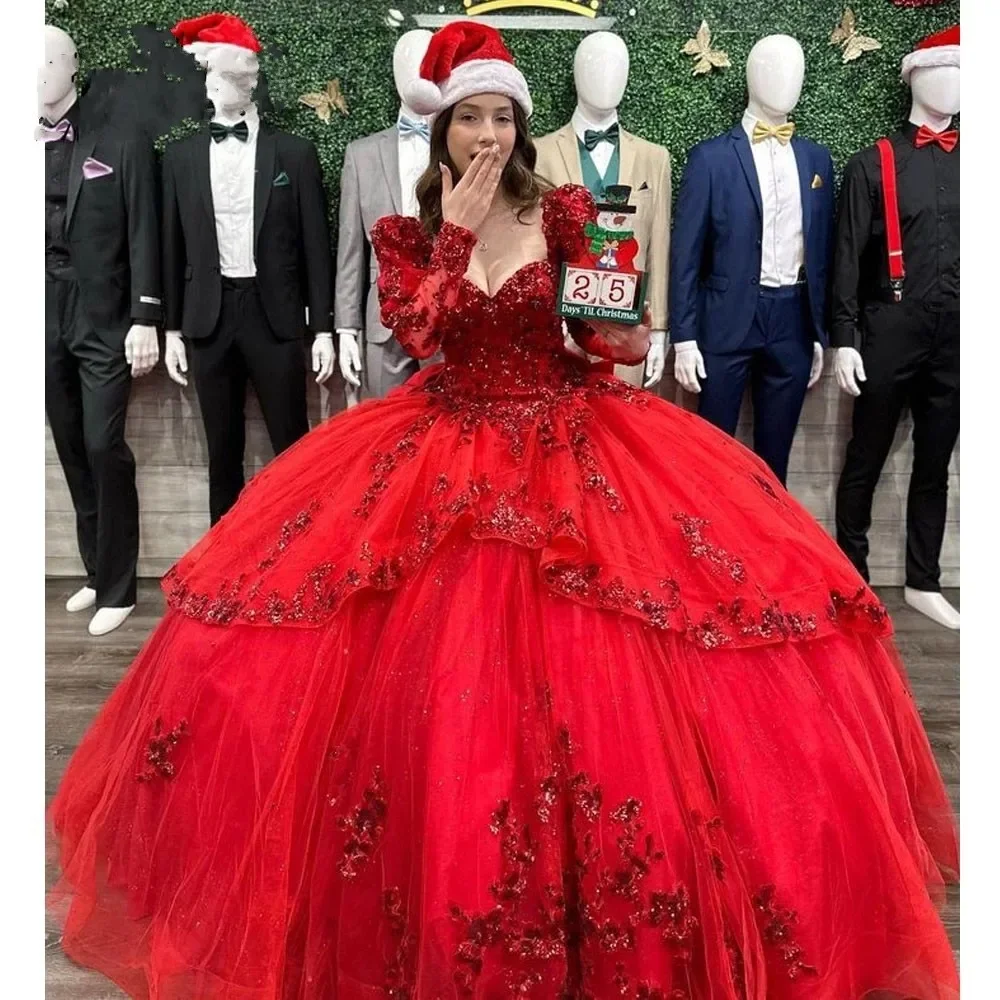 Lange Ärmel Quince anera Kleider 15 Party Ballkleid Perlen Spitze Glitter Tüll formelle Abschluss ball Prinzessin Geburtstags kleid