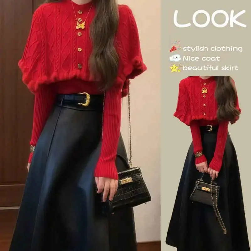 Jesienny, modny damski lekki płaszcz Maturi, sweter z odkrytymi ramionami, spódnica, zestaw dwuczęściowy, stylizacja Ele Trendy.