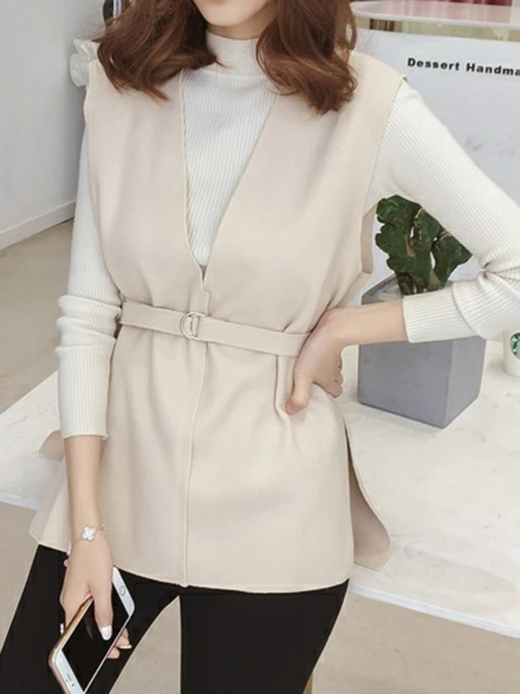 Sungtin Casual Y2K Korean Sashes Woolen Vest Women Spring V Neck Thin Waistcoat with Belt Female Chic Vintage Loose Vest