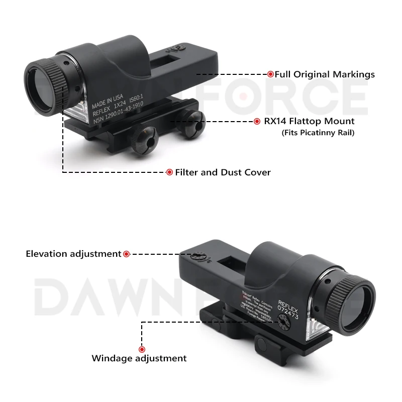 RX06 Red Dot Tactical Self-illumination Reflex Sight for Riflescope with Dust Cover for Hunting and Airsoft with Full Markings