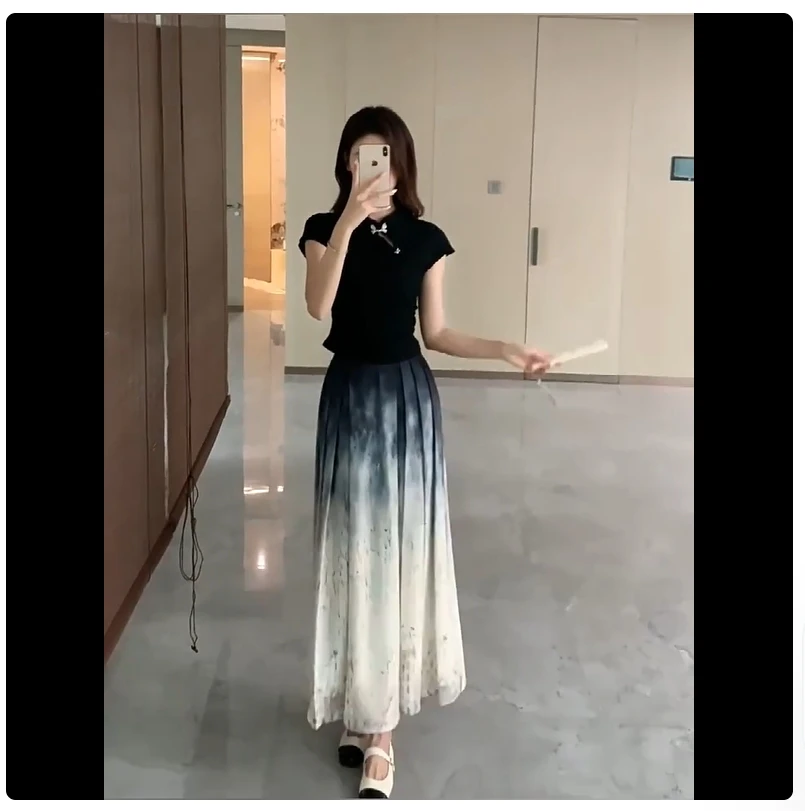 Novo estilo chinês retro moda temperamento, idade reduzindo botão borboleta manga curta pintura a tinta vestido de rosto de cavalo plissado